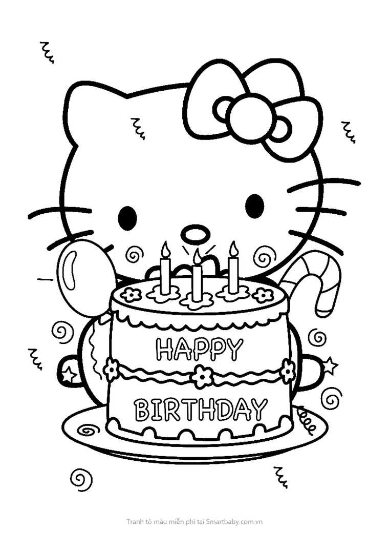 Tranh tô màu bánh sinh nhật – Hello Kitty bên bánh Happy Birthday