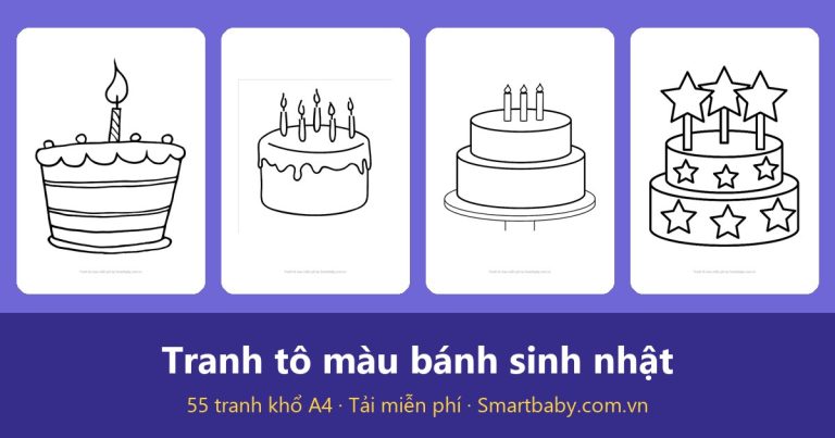 Tranh tô màu bánh sinh nhật: 55 mẫu bánh kem, nến và thiệp