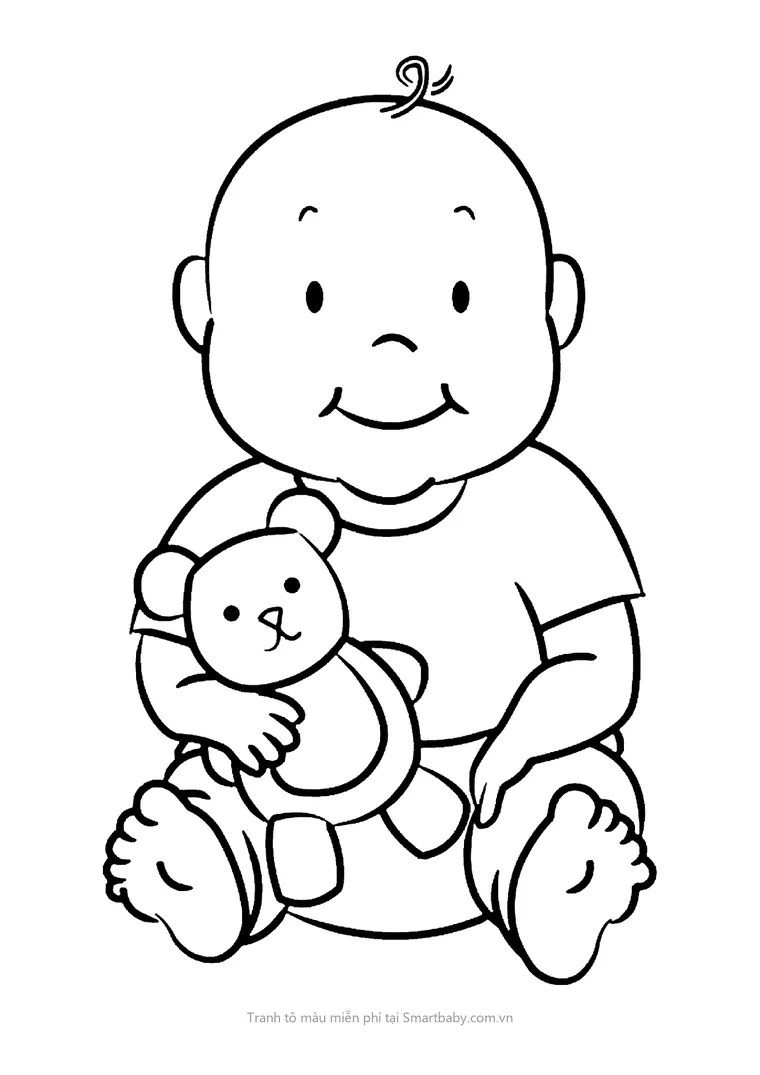 Tranh tô màu búp bê – búp bê em bé ôm gấu nhỏ