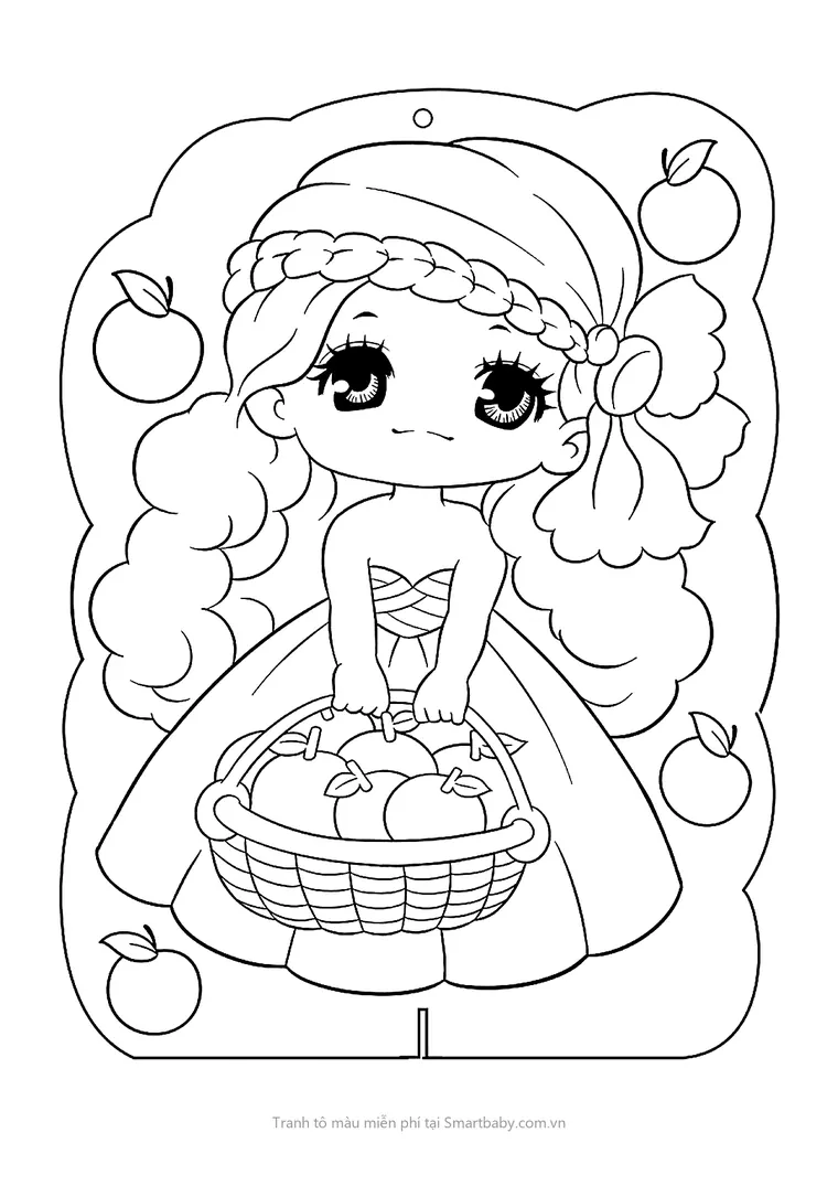 Tranh tô màu búp bê – búp bê chibi xách giỏ táo