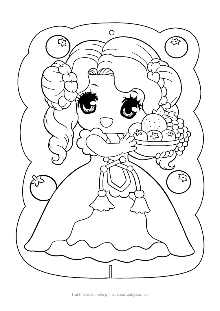 Tranh tô màu búp bê – búp bê chibi bưng khay trái cây