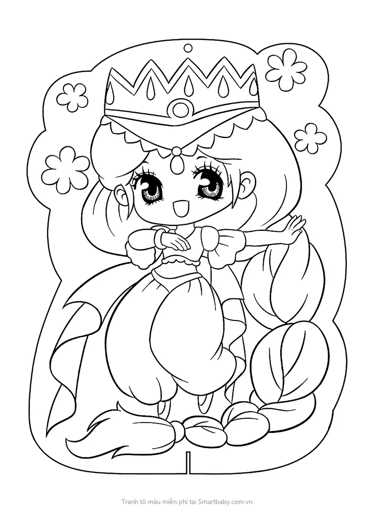 Tranh tô màu búp bê – búp bê chibi đội vương miện lớn