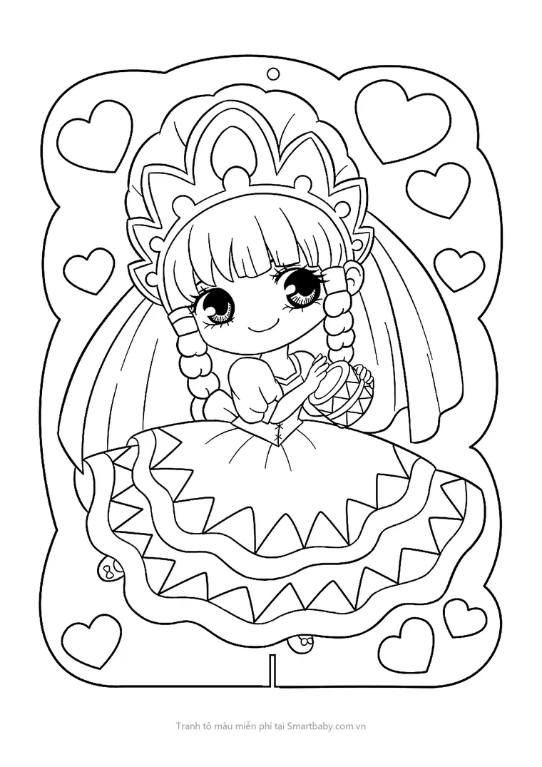 Tranh tô màu búp bê – búp bê chibi trùm khăn voan và trái tim