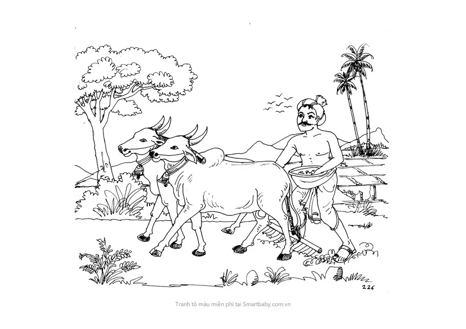 Tranh tô màu cánh đồng – bác nông dân cày ruộng cùng đôi bò