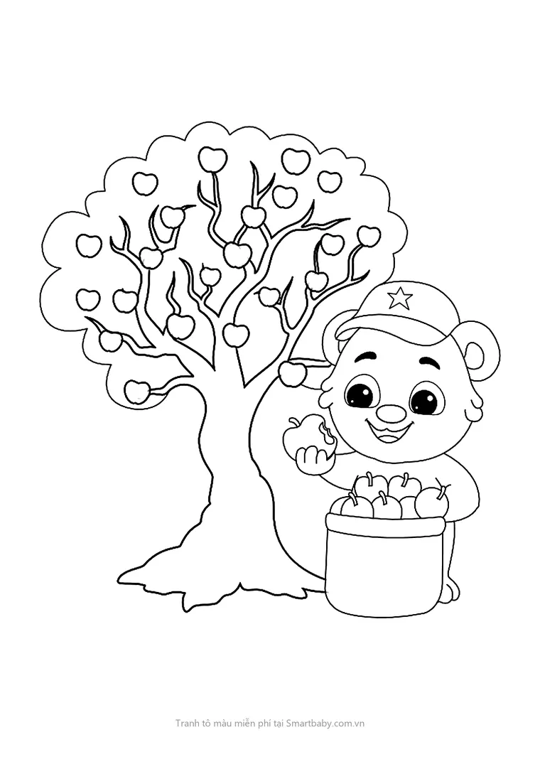 Tranh tô màu cây xanh – gấu con hái táo