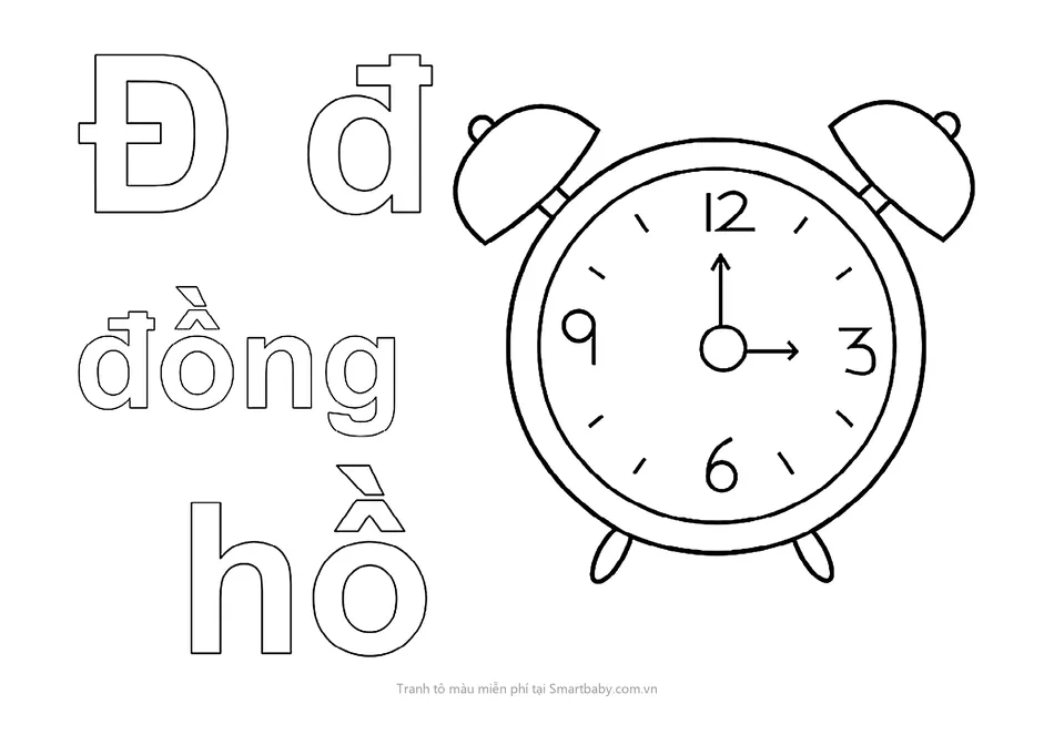 Tranh tô màu cho bé 2 tuổi – chữ Đ và đồng hồ báo thức