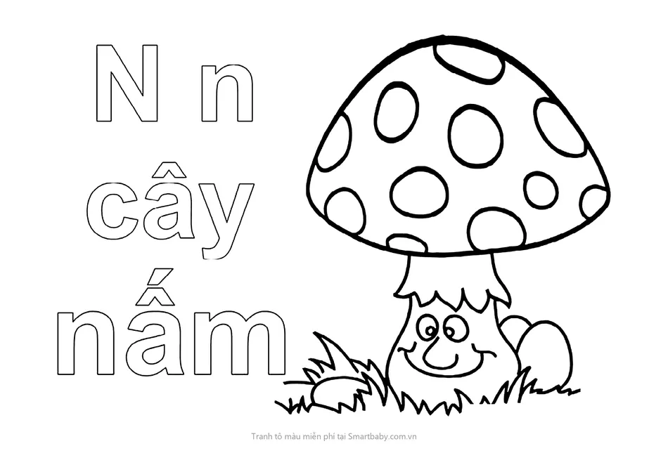 Tranh tô màu cho bé 2 tuổi – chữ N và cây nấm cười