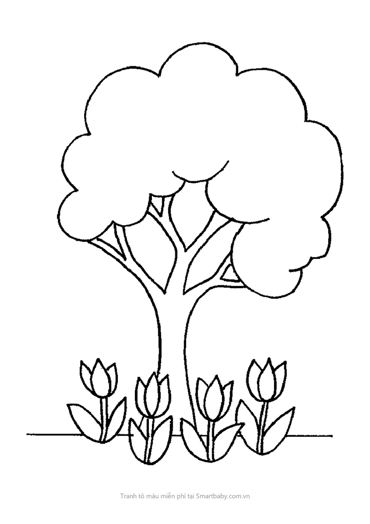 Tranh tô màu cho bé 3 tuổi – cây xanh và hàng hoa tulip