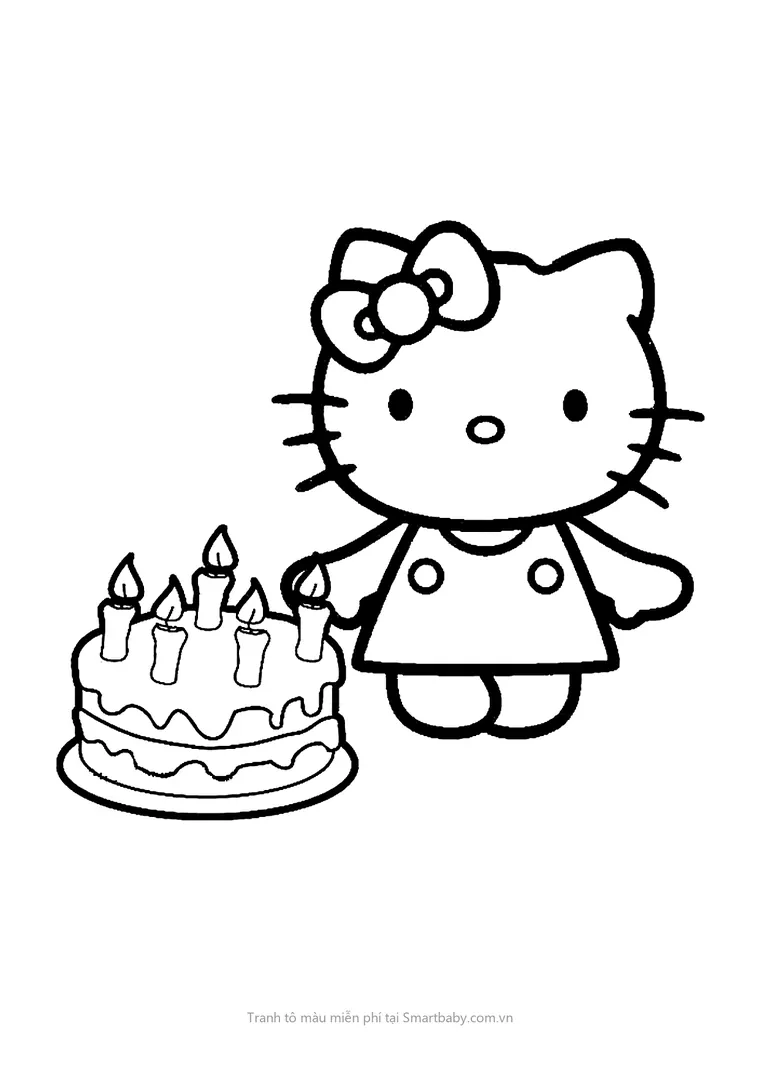 Tranh tô màu cho bé 3 tuổi – mèo Kitty và bánh sinh nhật