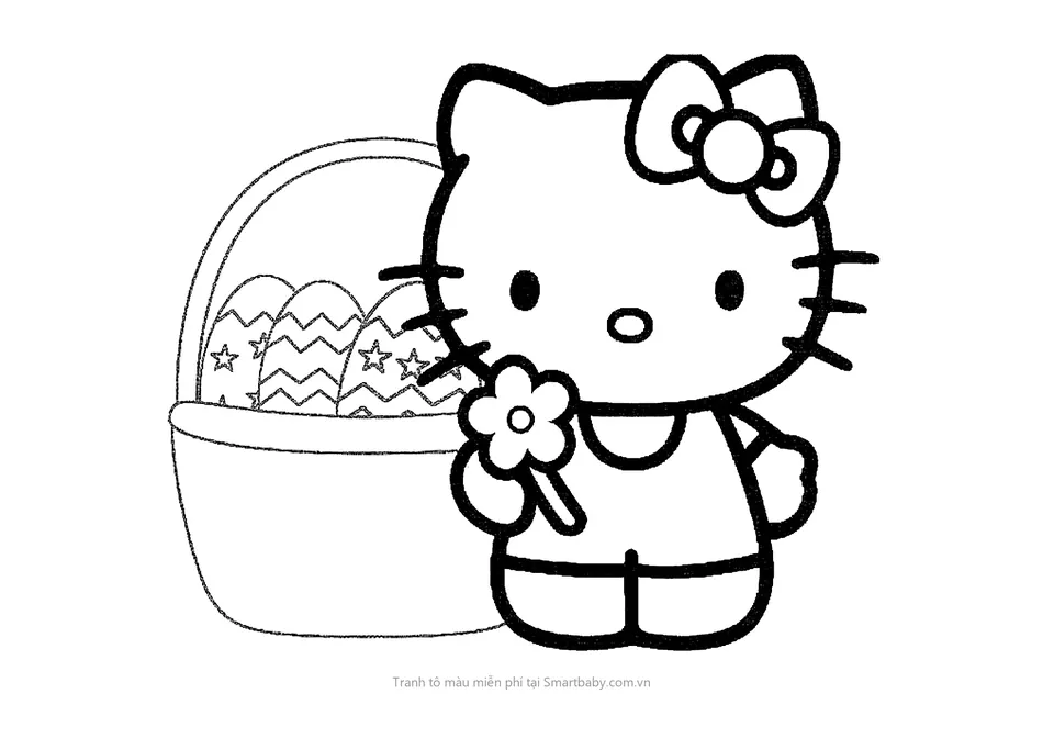 Tranh tô màu cho bé 3 tuổi – Kitty cầm hoa bên giỏ trứng