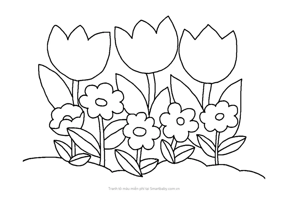 Tranh tô màu cho bé – luống tulip và hoa nhỏ