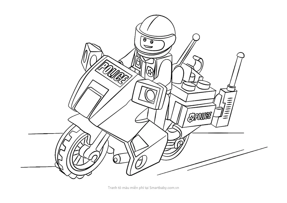 Tranh tô màu chú công an – chú cảnh sát Lego lái mô tô tuần tra