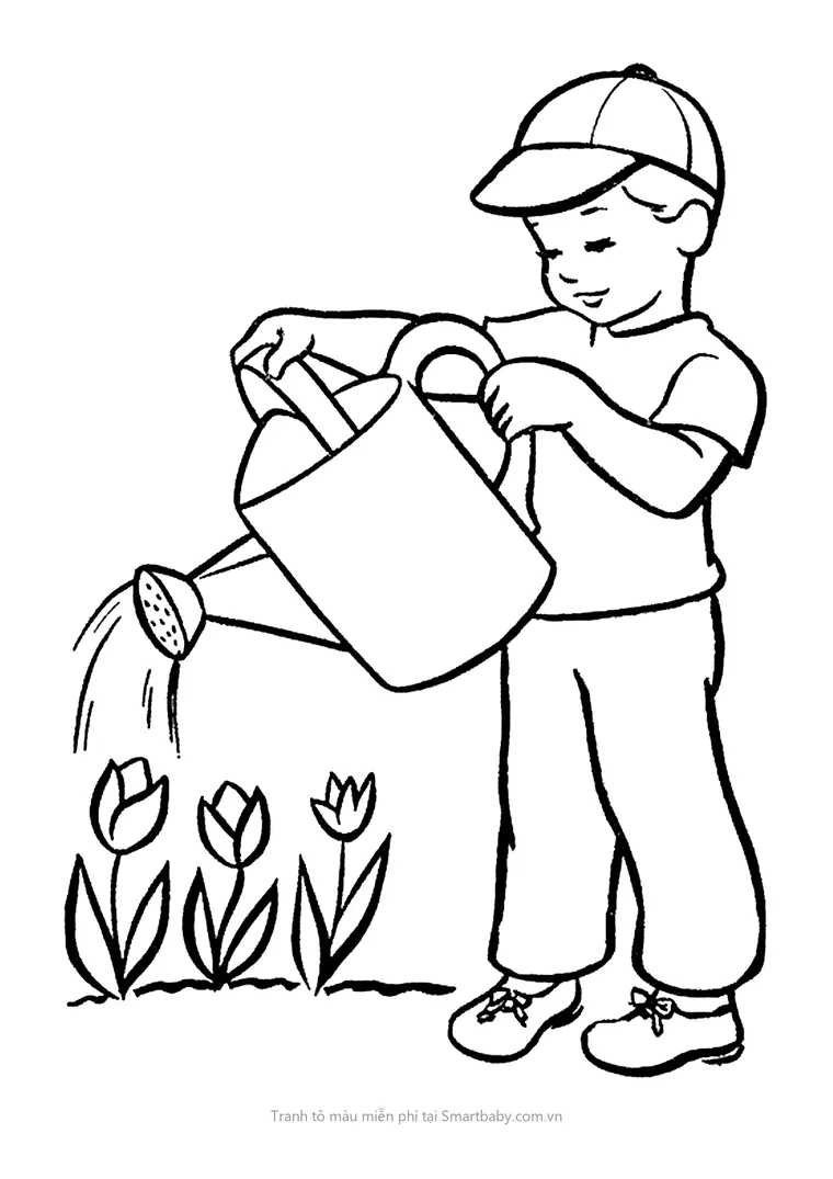 Tranh tô màu chủ đề bản thân – bé trai tưới hoa tulip
