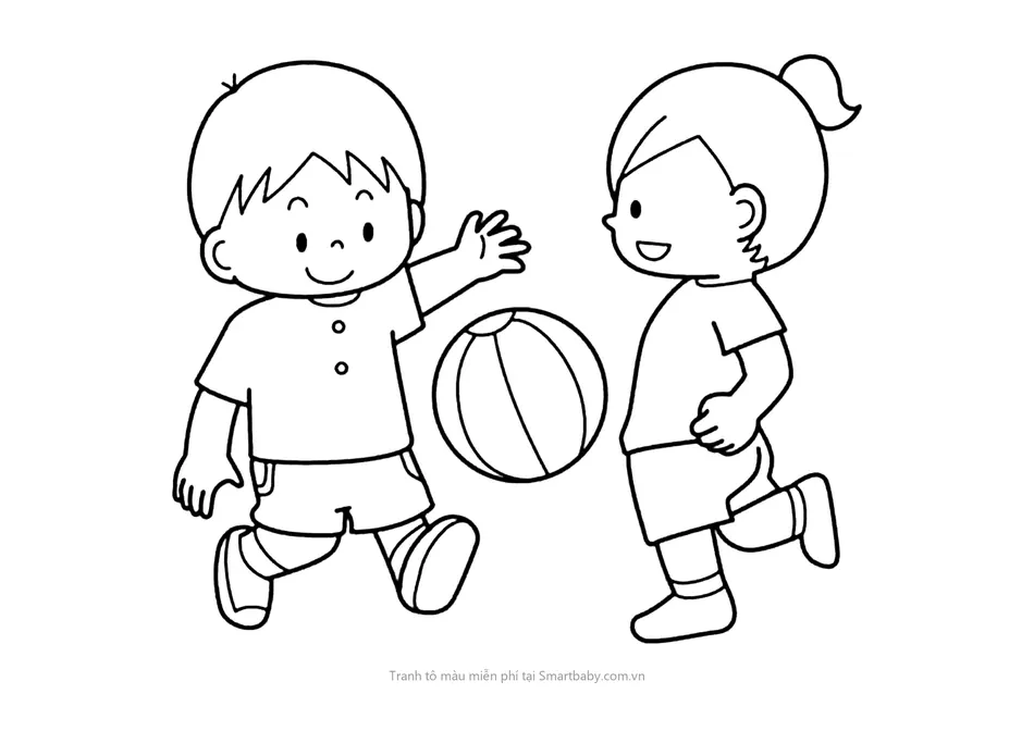 Tranh tô màu chủ đề bản thân – hai bạn nhỏ chạy chuyền bóng