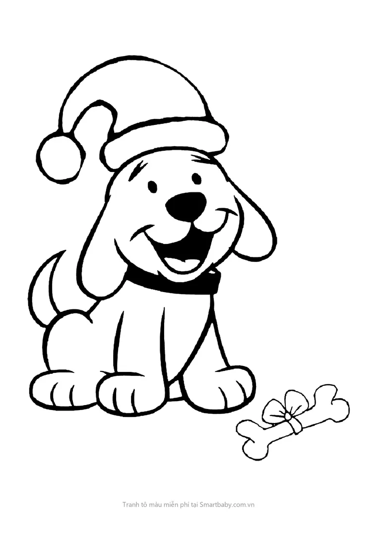 Tranh tô màu con chó – cún đội mũ Noel
