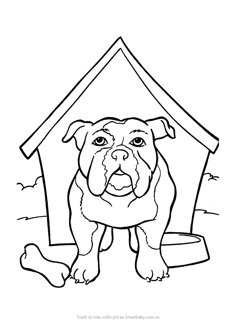 Tranh tô màu con chó – bulldog đứng trước chuồng