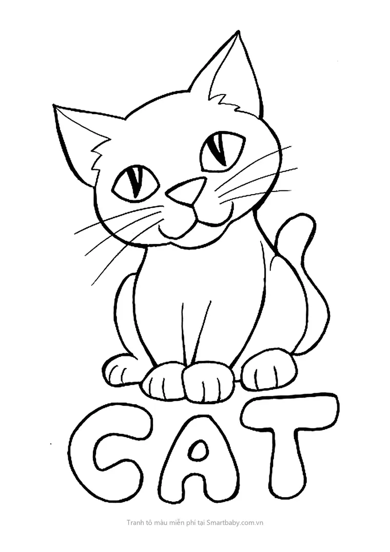 Tranh tô màu con mèo – mèo con ngồi trên chữ CAT