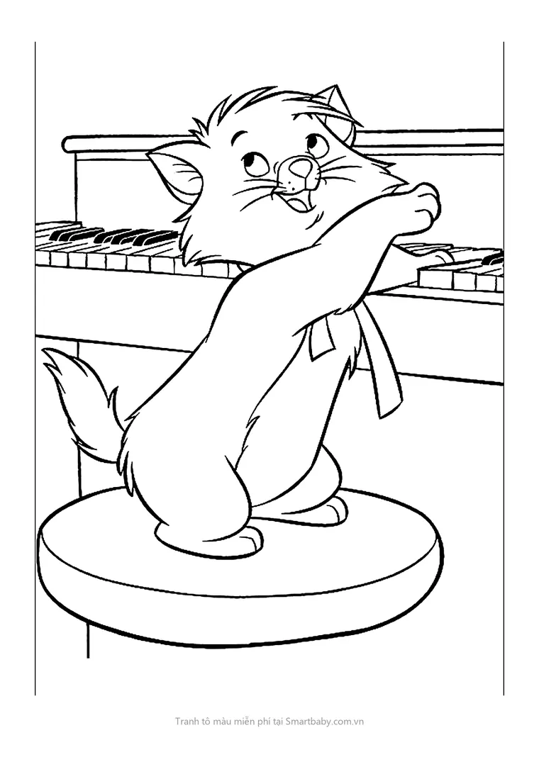 Tranh tô màu con mèo – mèo con thắt nơ chơi đàn piano