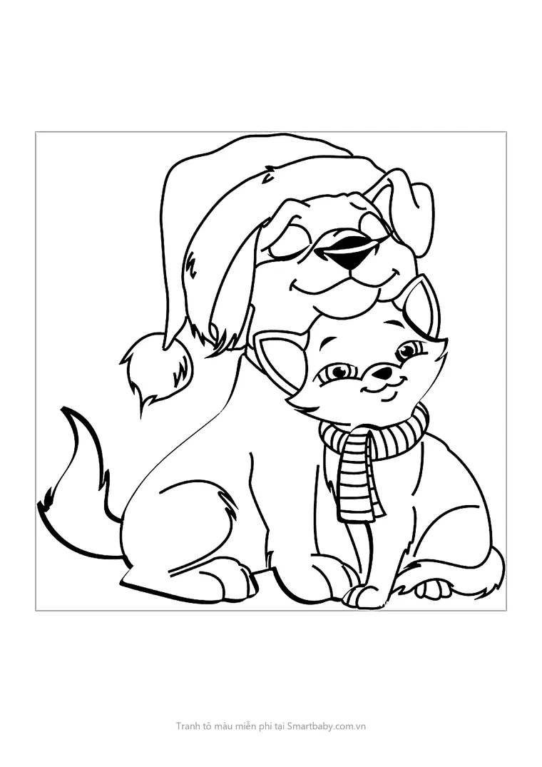 Tranh tô màu con mèo – cún đội mũ Noel ôm mèo con quàng khăn