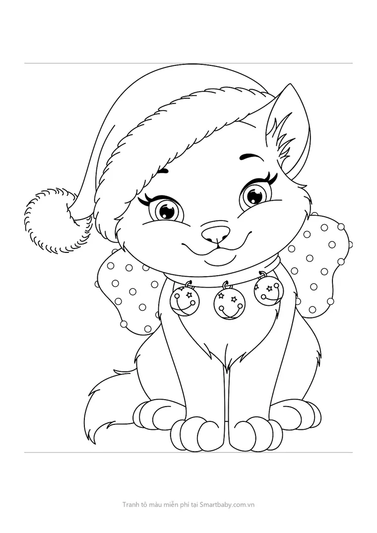 Tranh tô màu con mèo – mèo con đội mũ Noel, nơ chấm bi