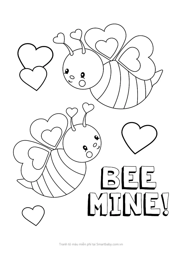 Tranh tô màu con ong – hai chú ong cánh trái tim và chữ Bee Mine