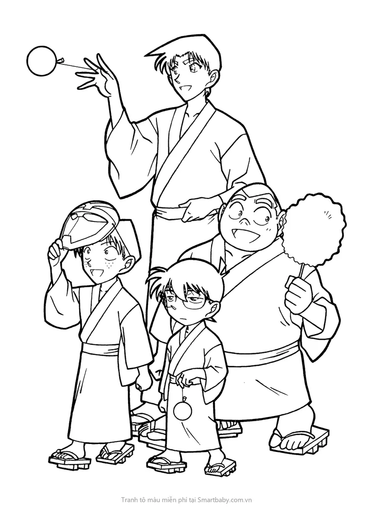 Tranh tô màu Conan – cả nhóm mặc yukata đi lễ hội