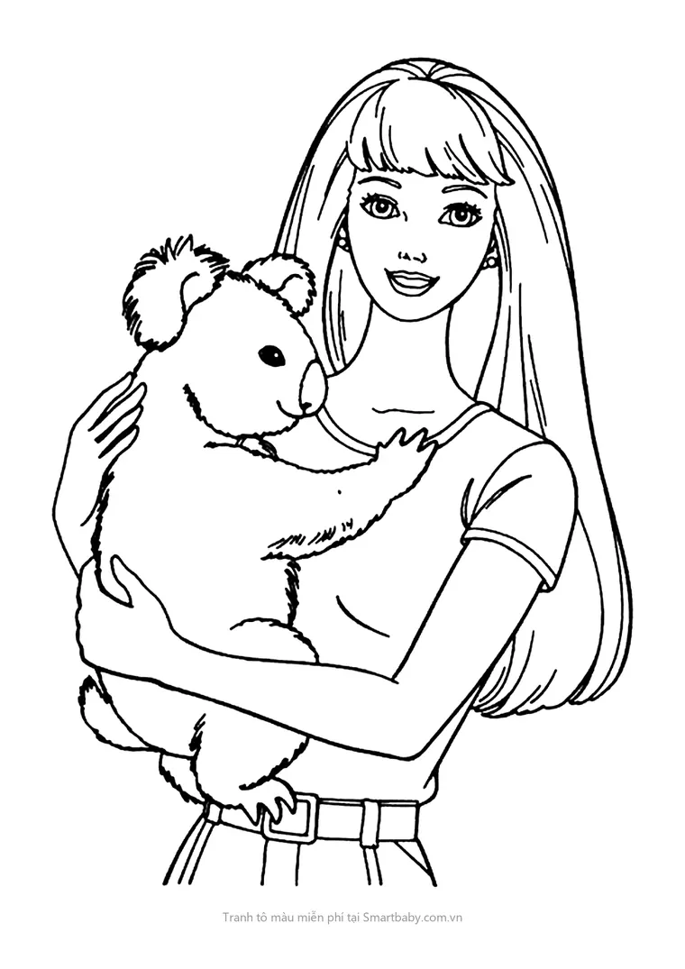 Tranh tô màu công chúa Barbie – Barbie ôm gấu koala