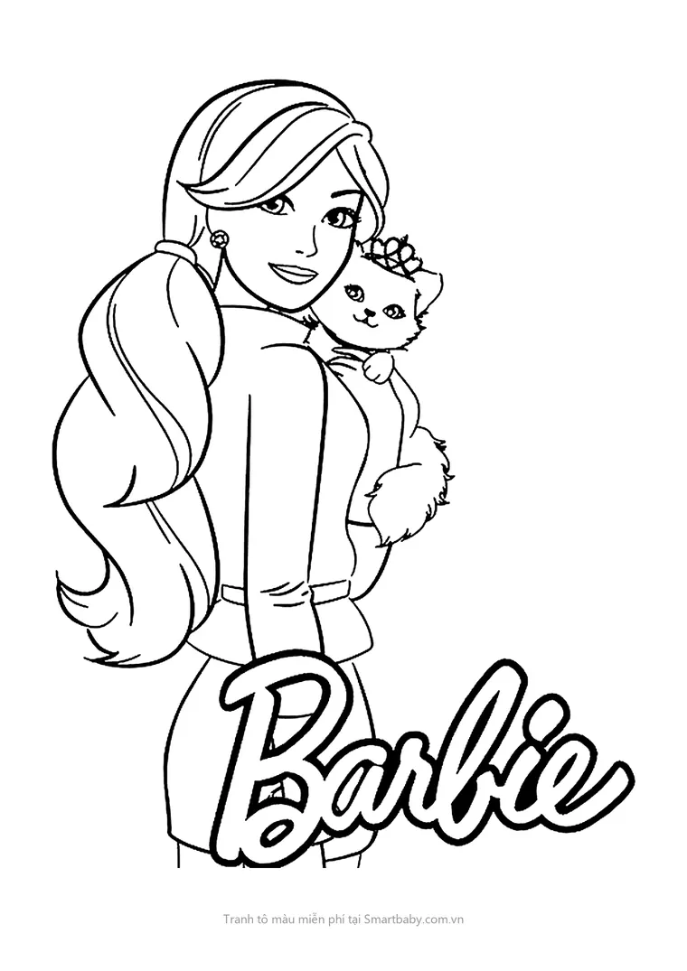 Tranh tô màu công chúa Barbie – tóc đuôi ngựa ôm mèo đội vương miện