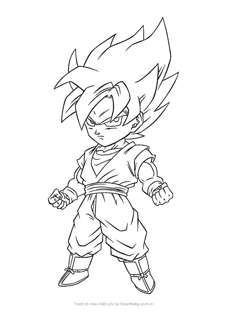 Tranh tô màu Goku – Goku chibi Super Saiyan nắm chặt tay