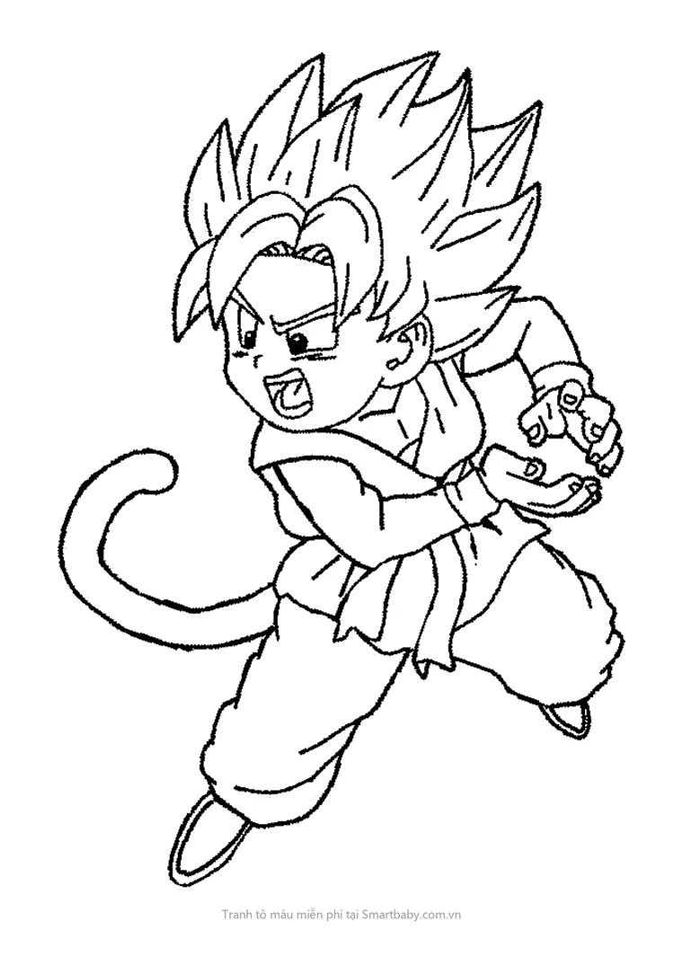 Tranh tô màu Goku – Goku nhí tóc vàng có đuôi lao tới