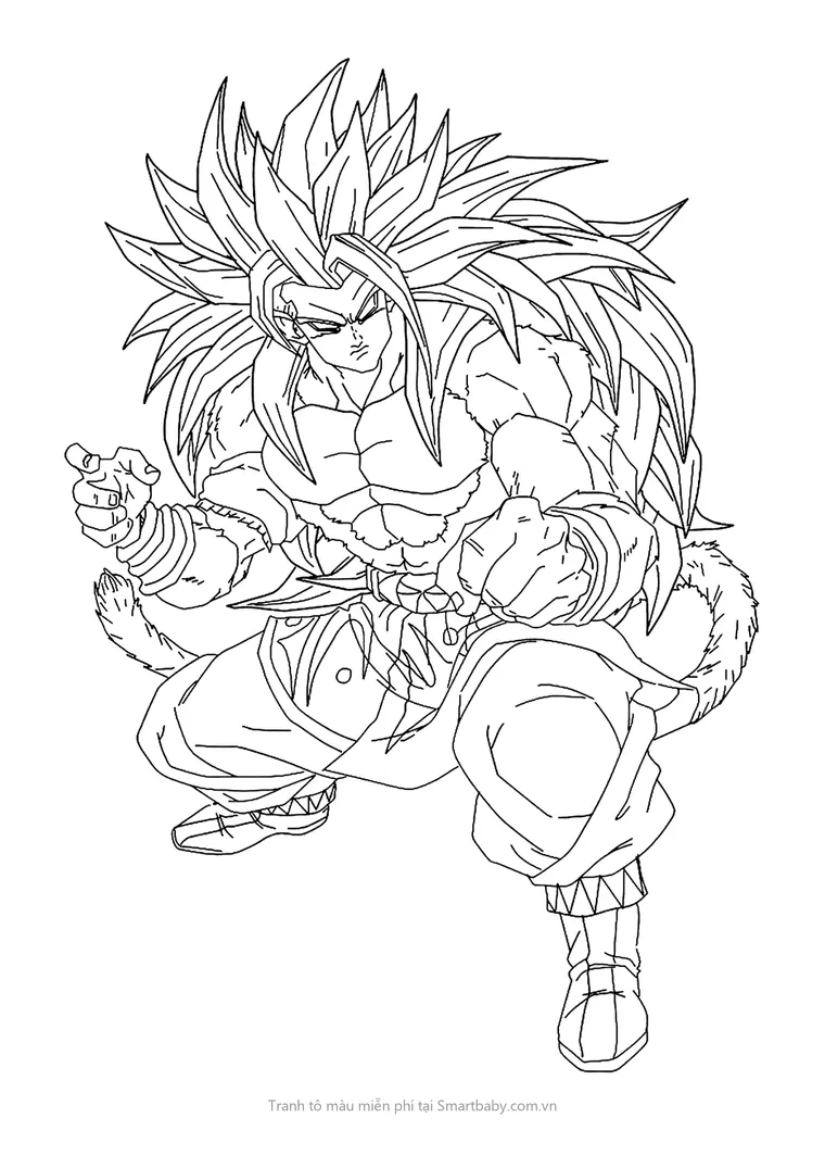 Tranh tô màu Goku – Goku tóc dài phủ lông hạ người thủ thế