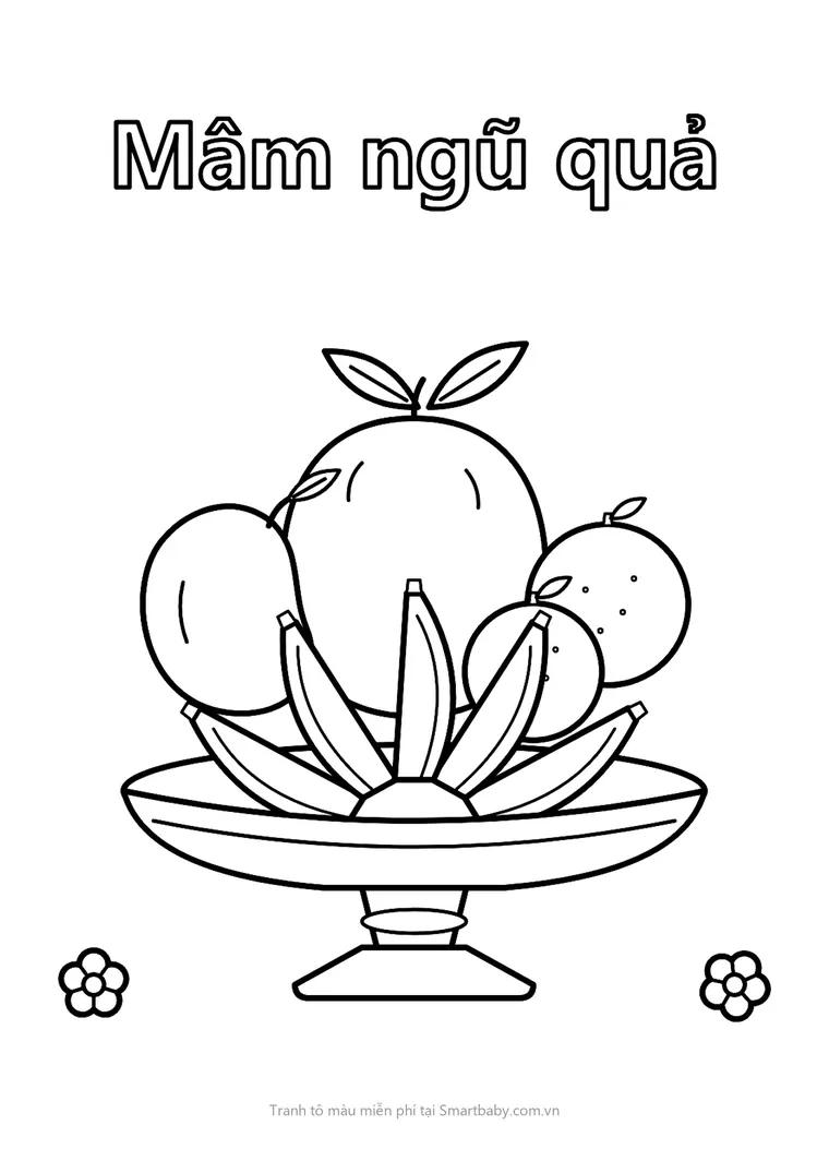 Tranh tô màu ngày Tết – mâm ngũ quả có bưởi, xoài, cam và nải chuối