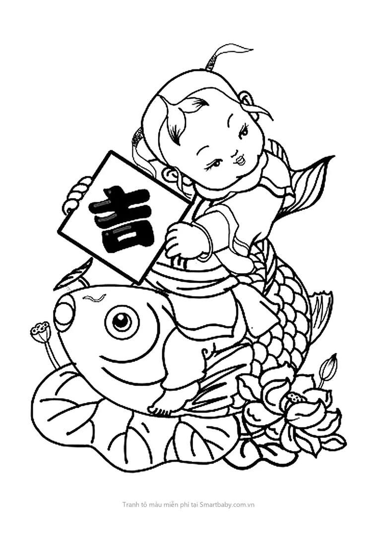Tranh tô màu ngày Tết – em bé cưỡi cá chép cầm chữ Cát