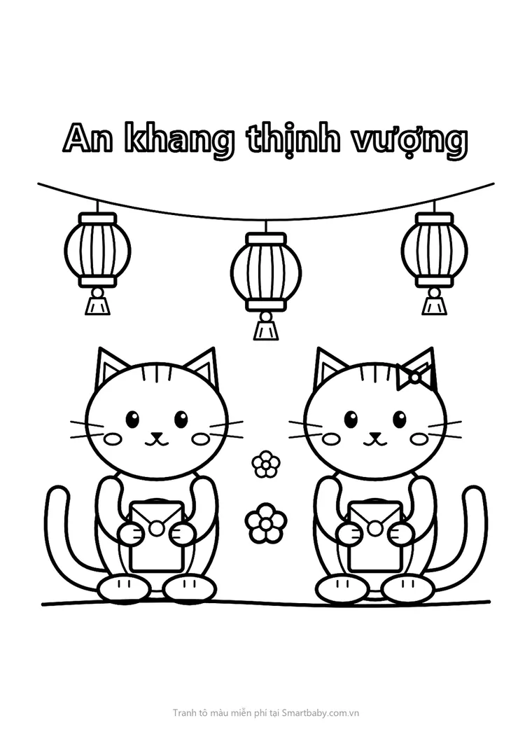 Tranh tô màu ngày Tết – hai chú mèo con ôm bao lì xì dưới đèn lồng