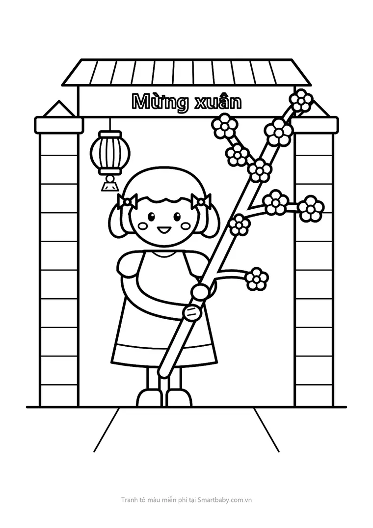 Tranh tô màu ngày Tết – bé gái ôm cành đào đứng trước cổng nhà