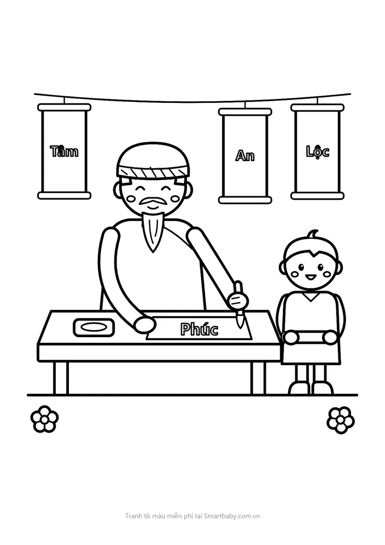 Tranh tô màu ngày Tết – ông đồ viết chữ Phúc, bạn nhỏ đứng xin chữ