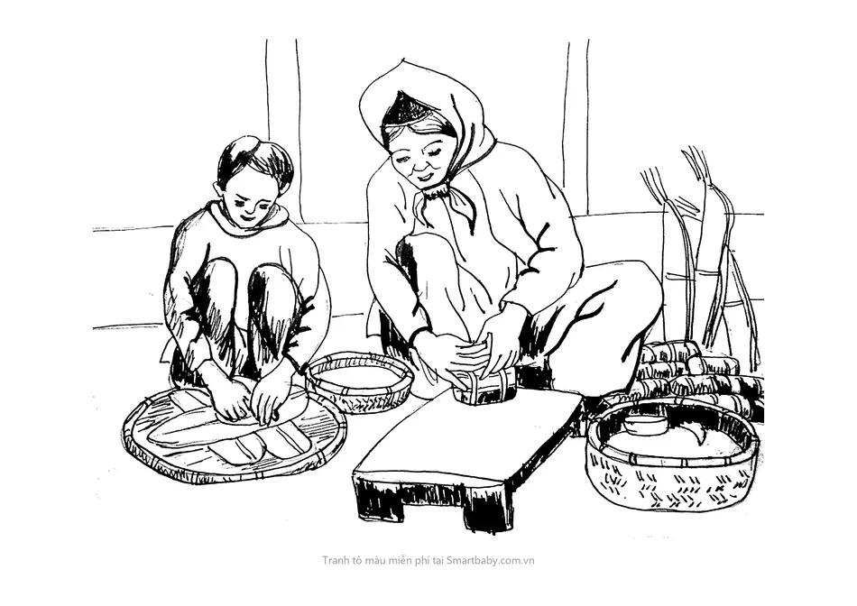 Tranh tô màu ngày Tết – bà và cháu gói bánh chưng