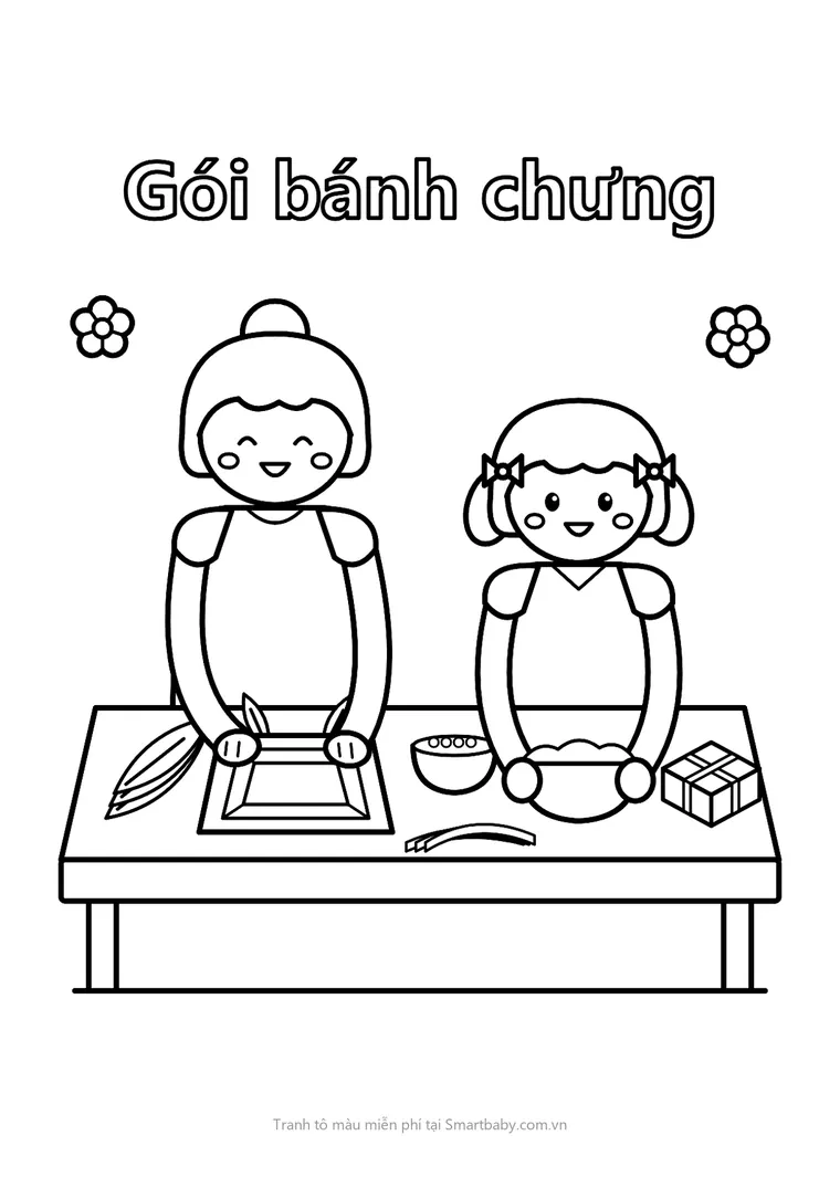 Tranh tô màu ngày Tết – mẹ và bé gói bánh chưng bên khuôn gỗ