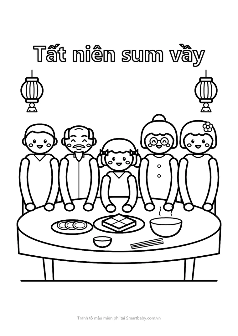 Tranh tô màu ngày Tết – cả nhà quây quần bên mâm cơm tất niên