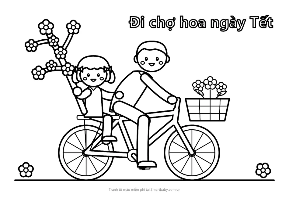 Tranh tô màu ngày Tết – bố đạp xe chở bé đi chợ hoa, bé ôm cành đào
