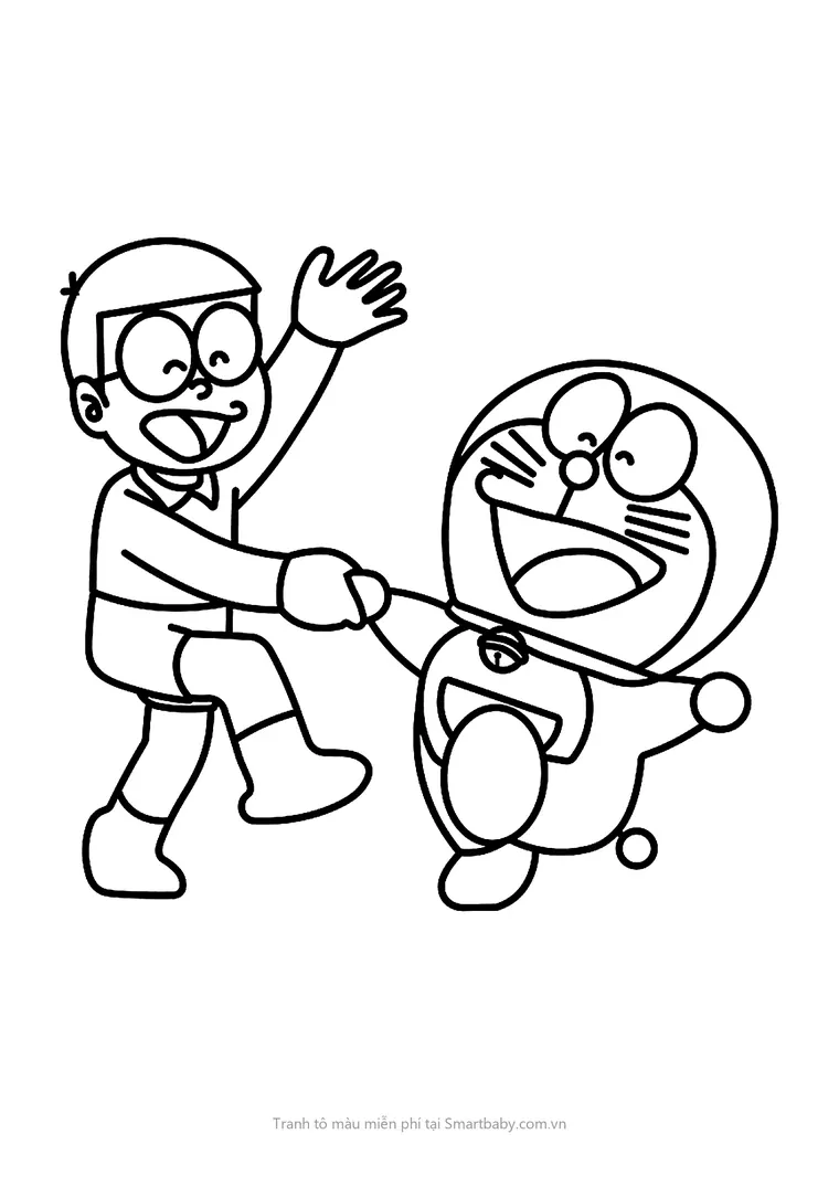 Tranh tô màu Nobita – Nobita nắm tay Doraemon nhảy múa