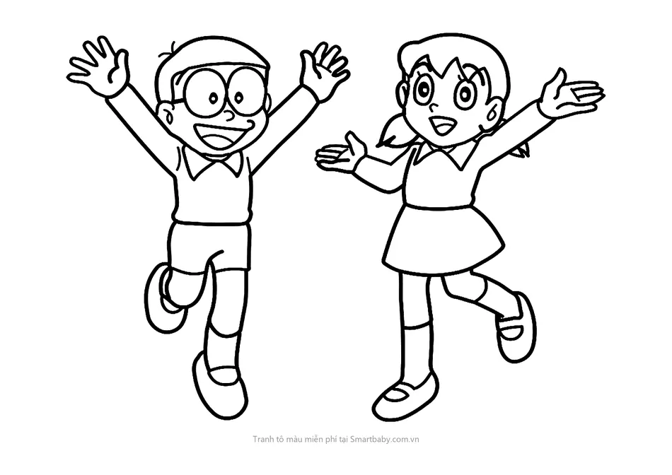 Tranh tô màu Nobita – Nobita và Xuka nhảy lên reo hò