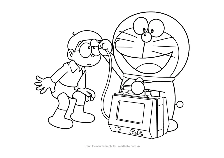 Tranh tô màu Nobita – Doraemon đeo ống nghe khám cho Nobita
