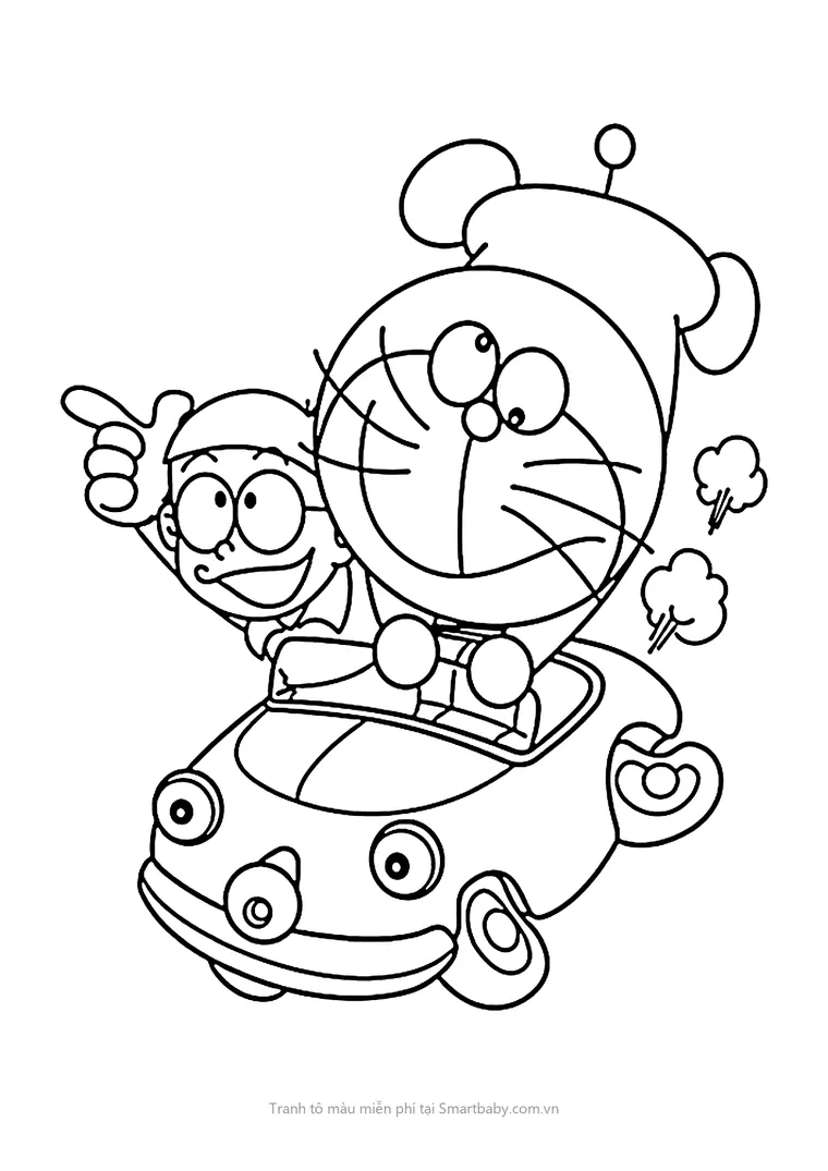 Tranh tô màu Nobita – Nobita và Doraemon lái ô tô ngộ nghĩnh