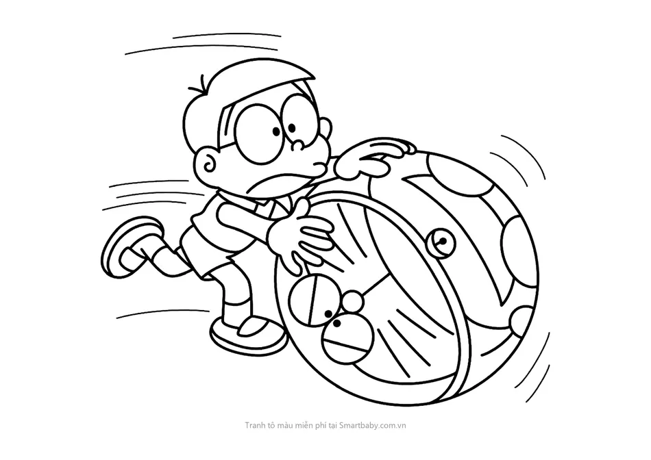 Tranh tô màu Nobita – Nobita đẩy Doraemon lăn tròn