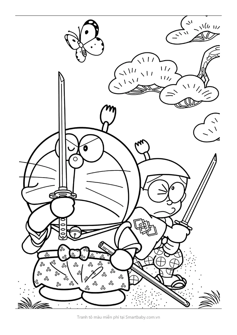 Tranh tô màu Nobita – Nobita và Doraemon hoá samurai