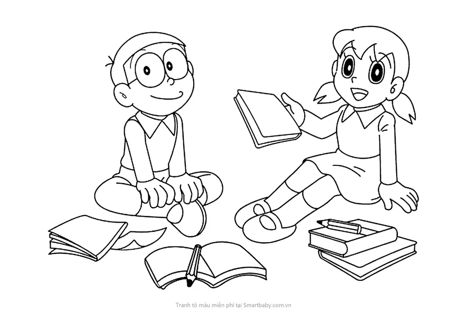Tranh tô màu Nobita – Nobita và Xuka ngồi đọc sách