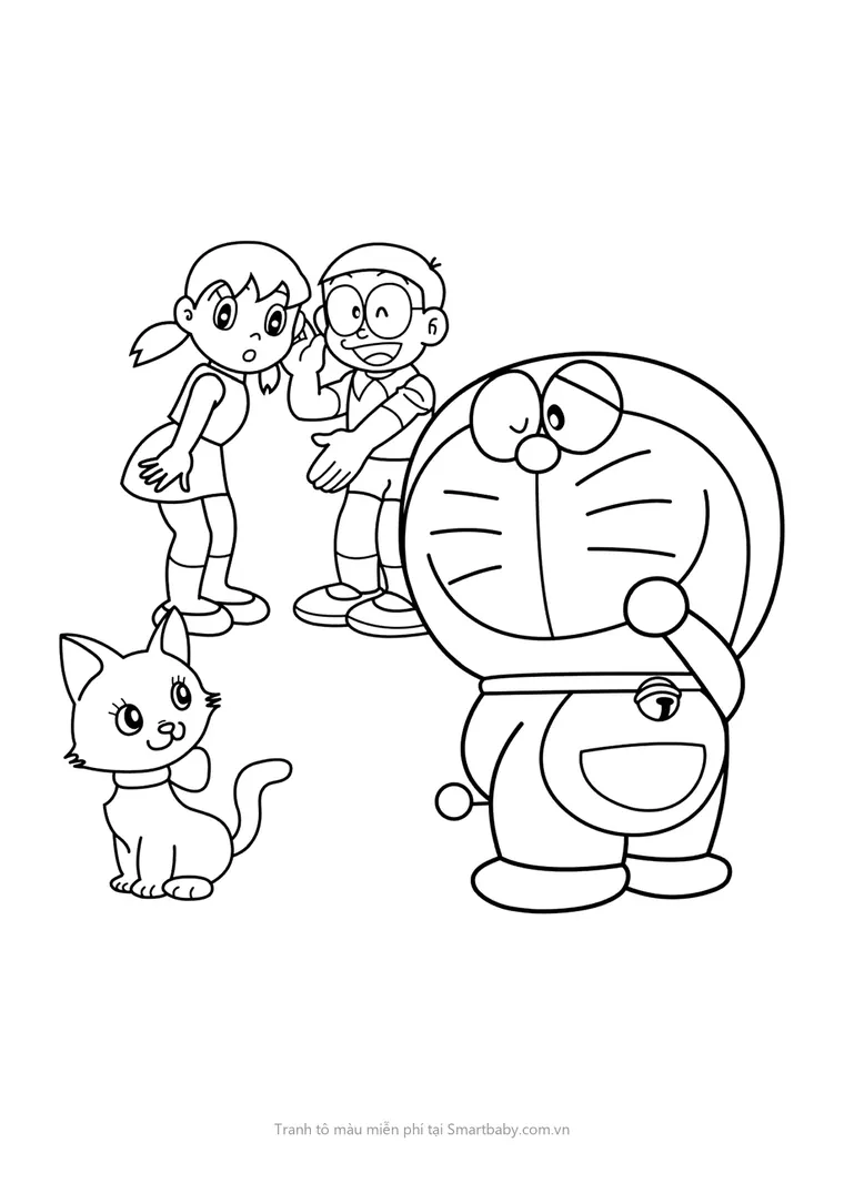 Tranh tô màu Nobita – Xuka, Nobita, Doraemon và mèo đeo nơ