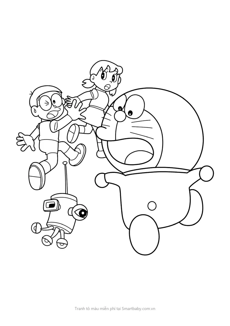 Tranh tô màu Nobita – Nobita, Xuka và robot tí hon