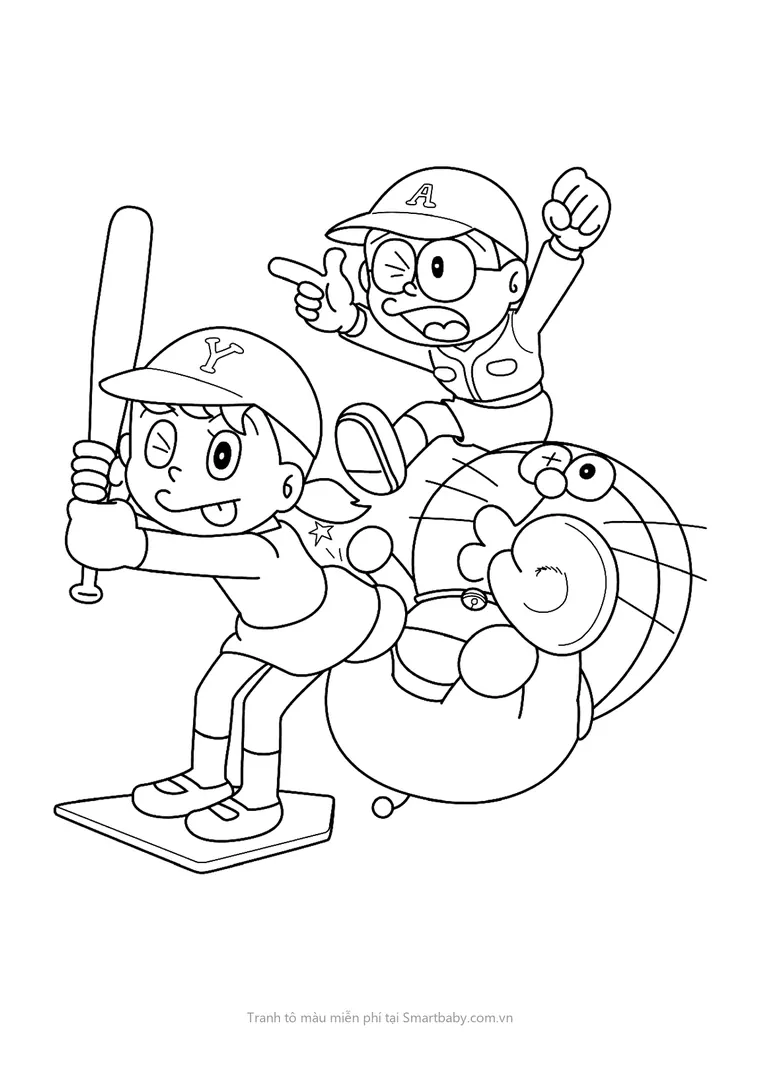 Tranh tô màu Nobita – Xuka đánh bóng chày cùng Nobita, Doraemon